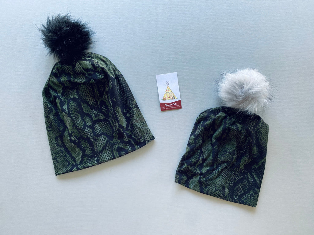 Green And Black Snakeskin Slouchy Beanie, Kids And Adult