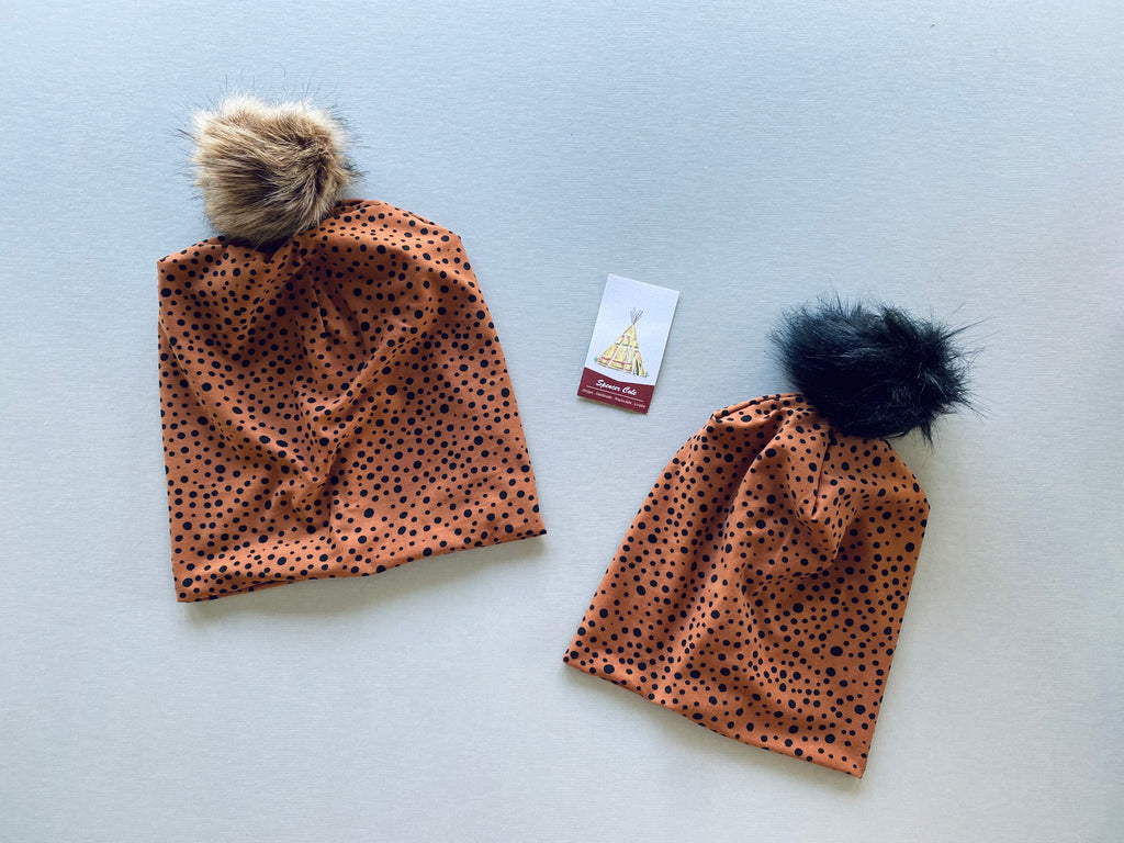 Camel and Black Dot Slouchy Beanie, Kids And Adult